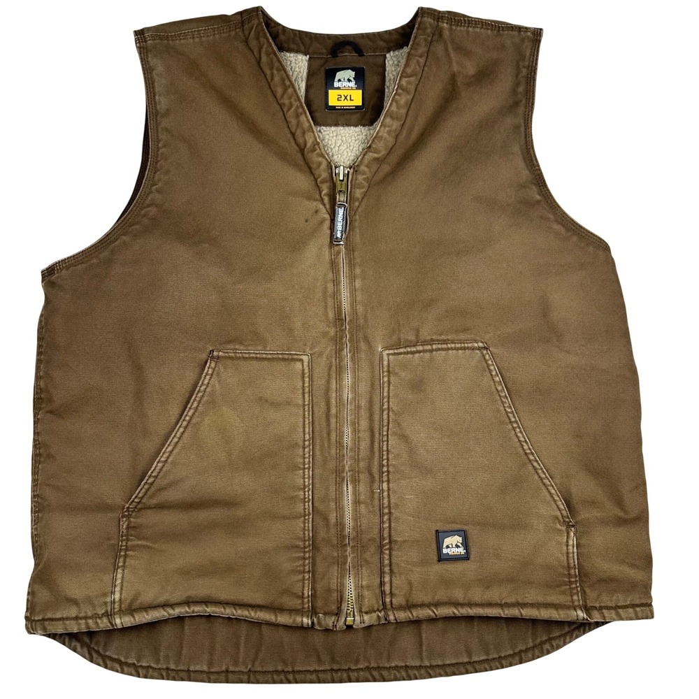 Berne Mens 2XL Brown Duck Canvas Sherpa Lined Workwear Vest Full Zip V-Neck
